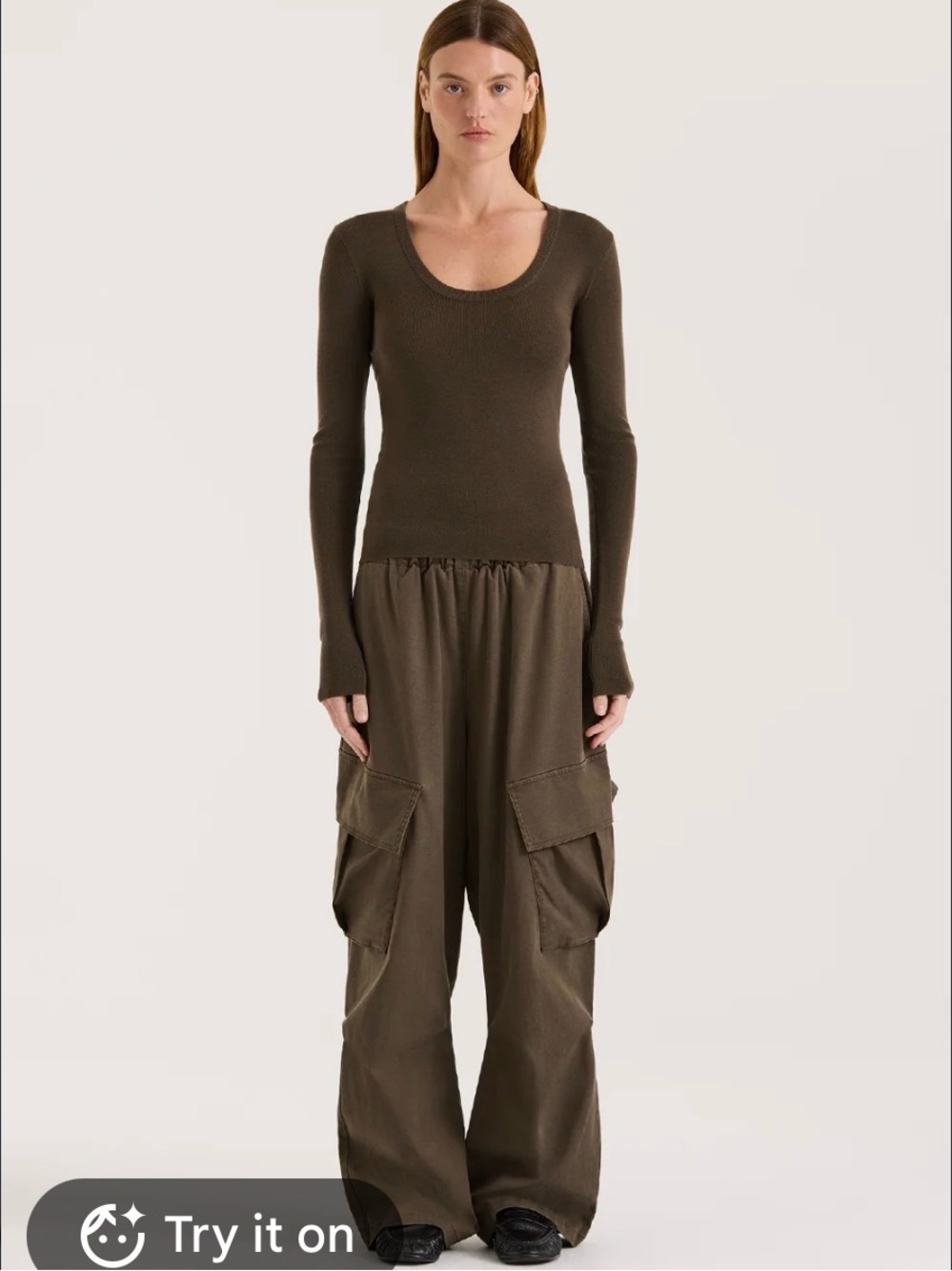 Henne brown ribbed scoop neck long sleeve top